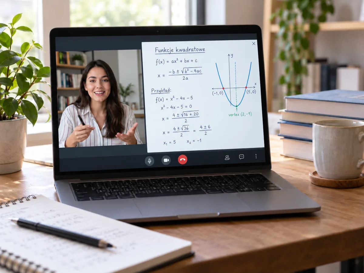 Ekran laptopa z wideorozmową i wspólną tablicą, na której widać rozwiązywane równanie